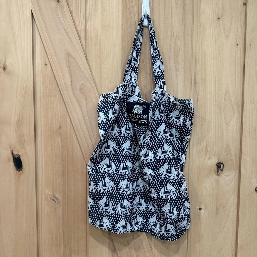 Madison Mathews Elephant Packable Tote Boho Bag Cloth Shoulder Bag Blue White